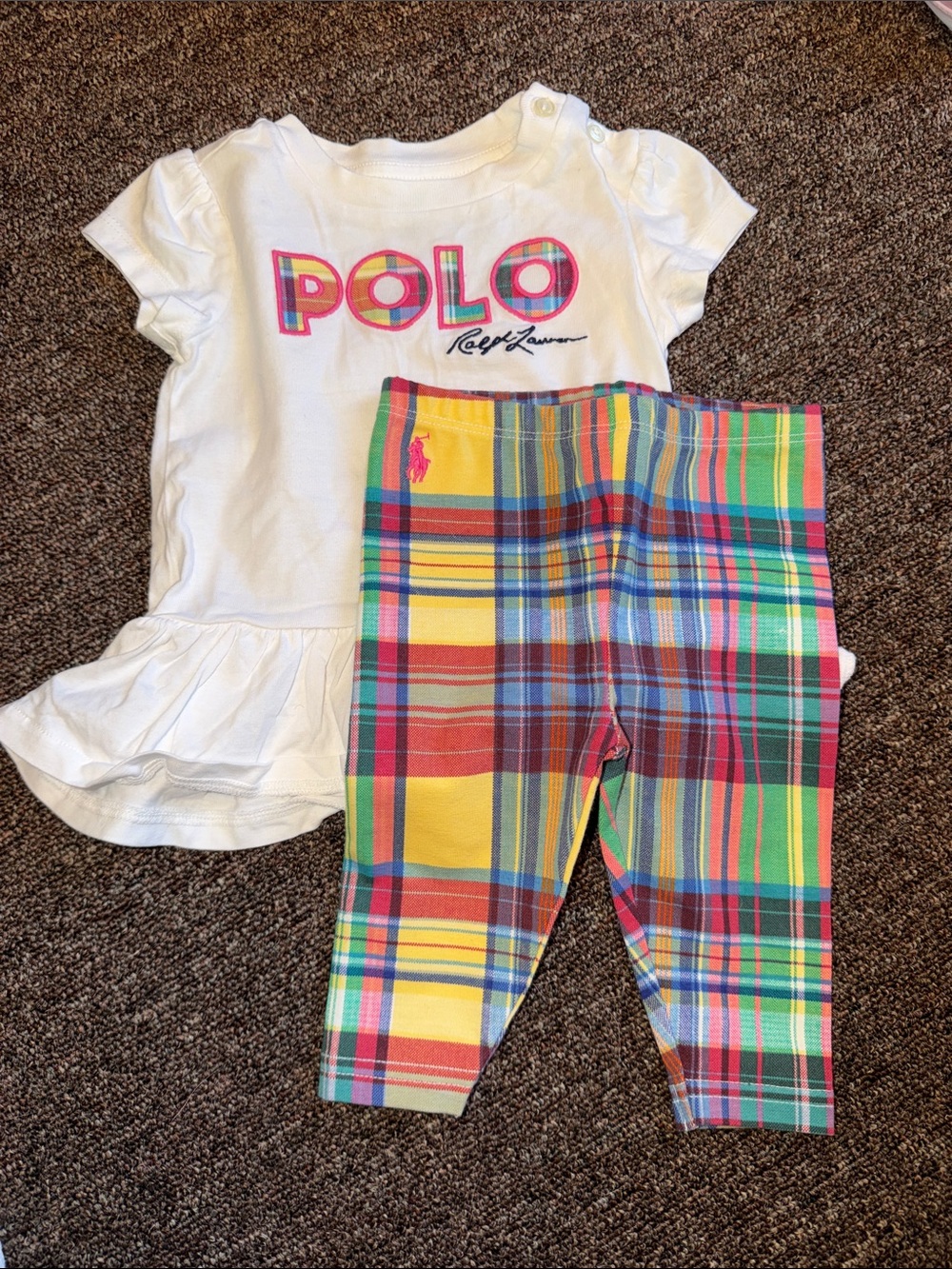 Ralph Lauren White Ruffle Tee with Multicolor Plaid Leggings